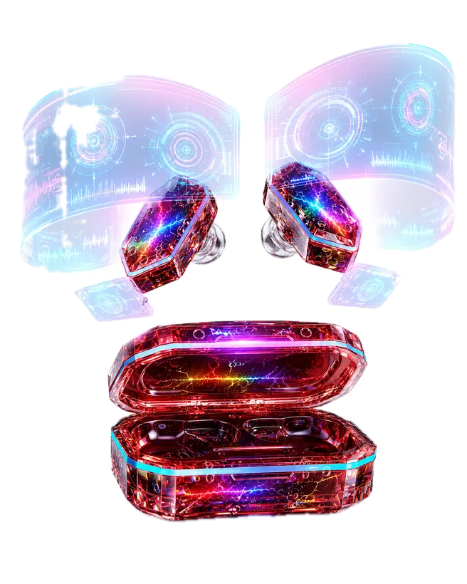 Ringo V buds hovering above the open case, twin holographic panels