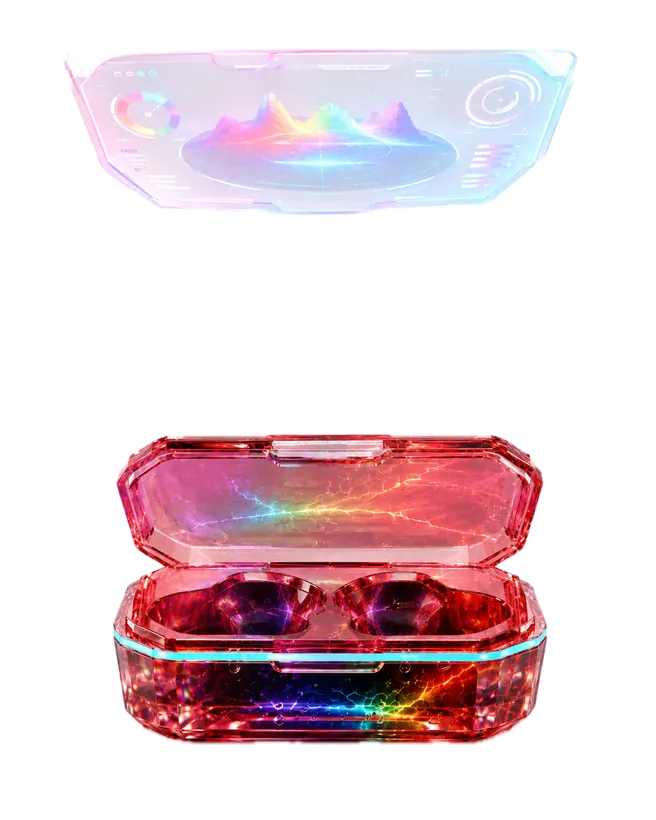 Ringo V buds above the open case, audio landscape hologram
