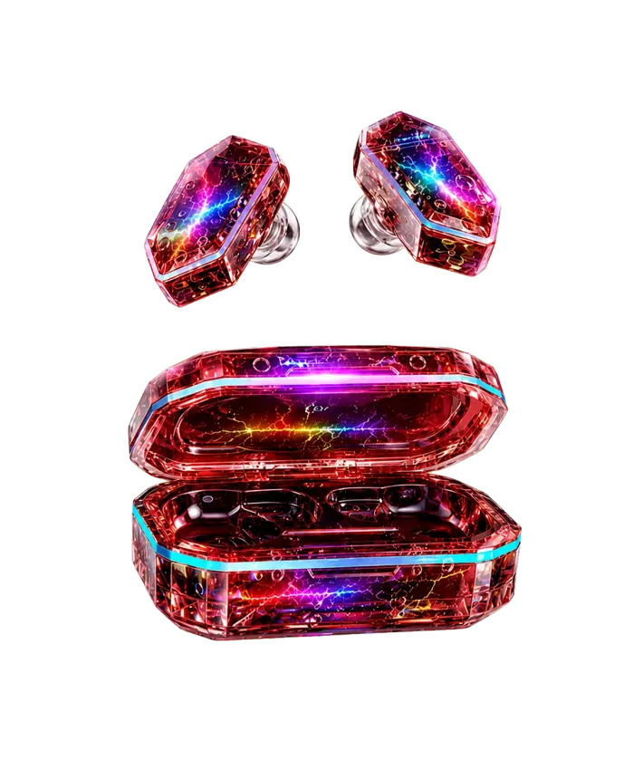Ringo Paimon — faceted crimson earbuds floating above an open crystal case