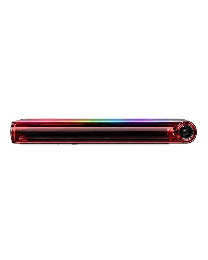 Ringo S side profile — a slim cylinder with rainbow edge and camera ring