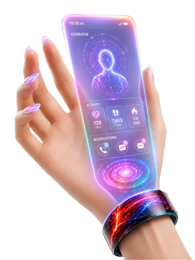 A holographic phone-sized display projected above the wrist from the Ringo Band
