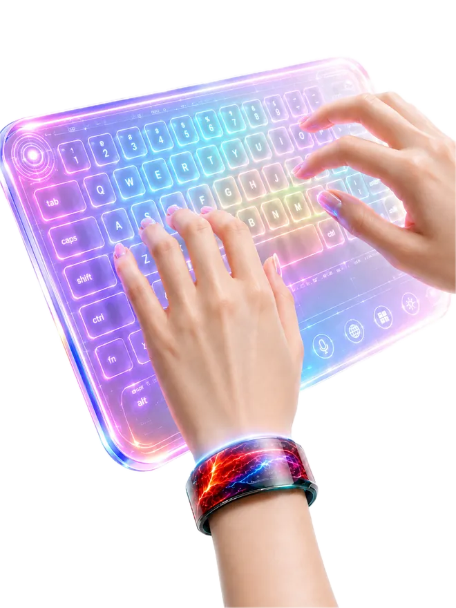 Two hands typing on a holographic keyboard projected by the Ringo Band