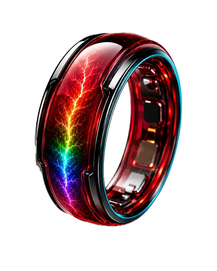 Ringo Band close-up — the glass band with a rainbow lightning vein, left angle