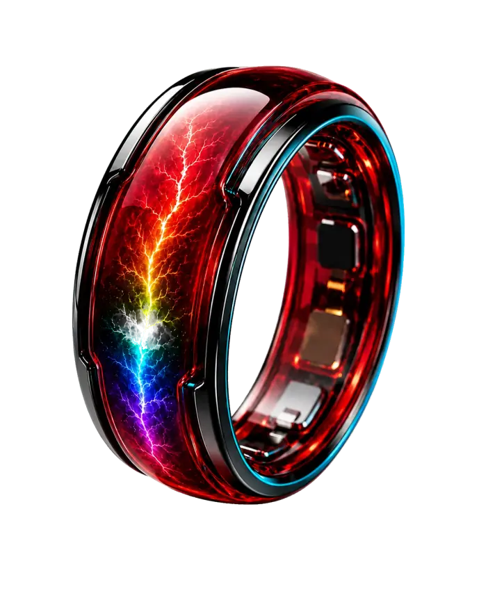Ringo Vassago — crimson glass smart band with internal rainbow lightning